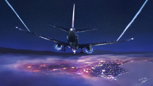Airplane Landing Over Glowing City Night Sky Anime Art PC Wallpaper