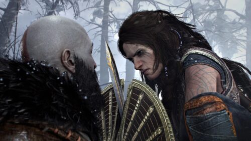 Kratos and Freya Intense Standoff God of War Ragnarok 4K Wallpaper