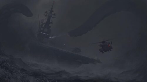 Giant Kraken Attacking Aircraft Carrier in Stormy Ocean Desktop Wallpaper