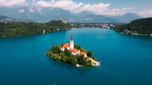 Breathtaking Aerial View of Lake Bled Slovenia Church Island PC Wallpaper