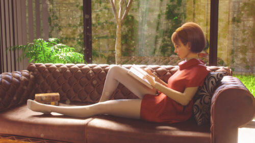 Girl Reading Book on Vintage Leather Couch Cozy Room 4K PC Wallpaper