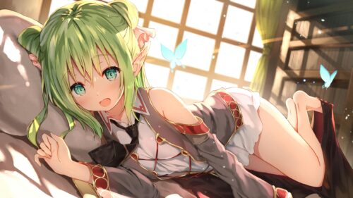 Cute Anime Elf Girl with Glowing Butterflies Desktop Wallpaper