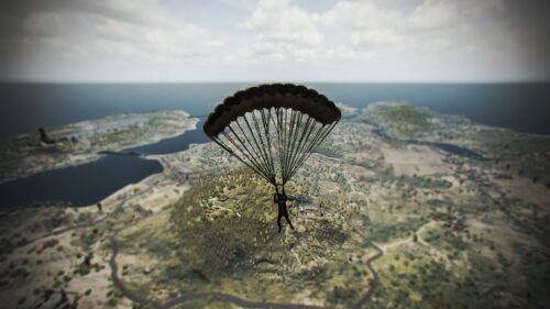 Soldier Parachuting Over Vast Battle Royale Landscape PC Wallpaper