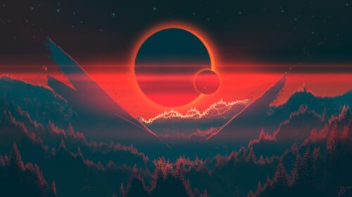 Stunning Red Solar Eclipse Over Alien Forest Landscape 4K Wallpaper