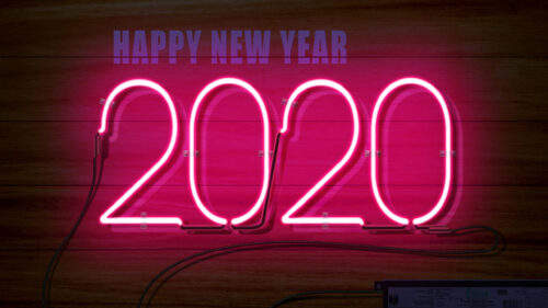 Neon Happy New Year 2020 Glowing Red Sign on Wooden Background PC Wallpaper