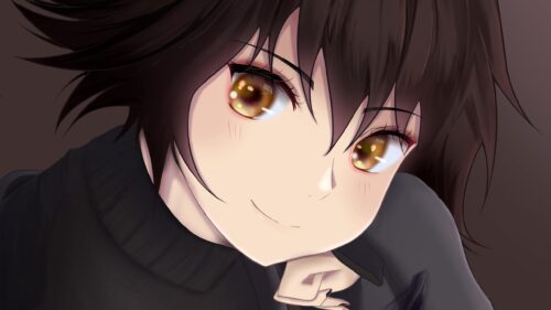 Beautiful Anime Girl with Brown Hair and Amber Eyes Desktop Wallpaper