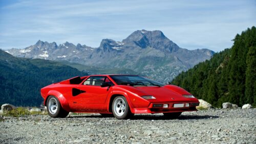 Classic Red Lamborghini Countach Sports Car Mountain View 4K Wallpaper