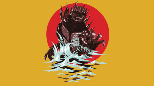 Godzilla Emerging from Ocean Waves Japanese Art Style PC Wallpaper