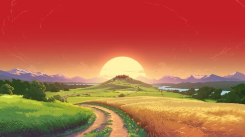 Stunning Anime Style Landscape with Golden Sunset Hill Desktop Wallpaper