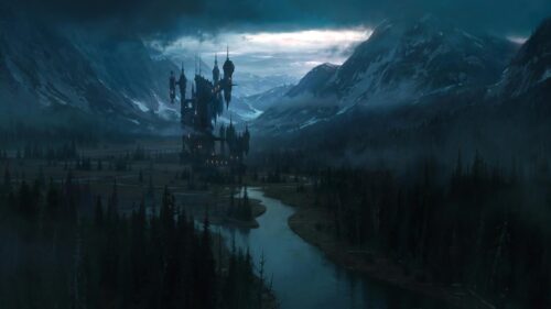 Mysterious Gothic Dark Castle in Misty Mountain Valley PC Wallpaper