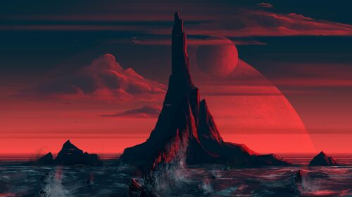 Dark Fantasy Spire Over Crimson Sea at Sunset 4K Wallpaper
