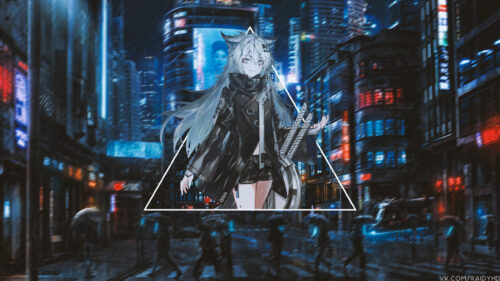 Anime Girl with White Hair in Cyberpunk City Street PC Wallpaper
