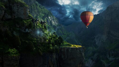 Fantasy Mountain Landscape with Hot Air Balloon and Mythical Gargoyles 4K Wallpaper