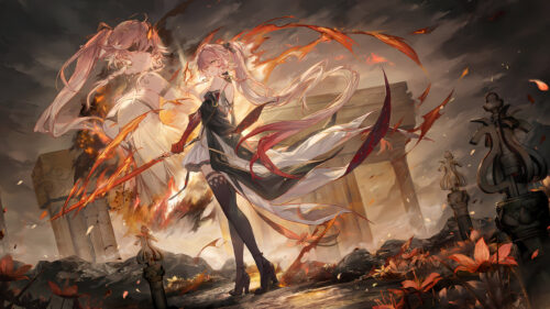 Anime Girl Warrior with Fire Magic in Ancient Ruins 4K PC Wallpaper