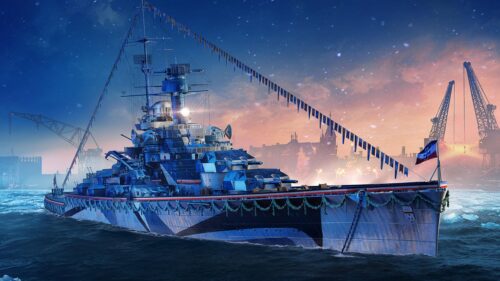 Majestic Warship Decorated for Holidays at Sunset PC Wallpaper