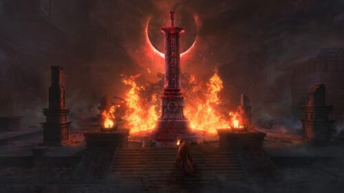 Epic Fantasy Warrior Before Burning Ancient Sword 4K Wallpaper
