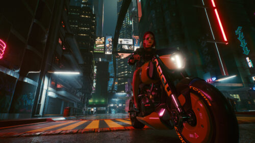 Cyberpunk 2077 Woman Riding Futuristic Motorcycle Night City PC Wallpaper