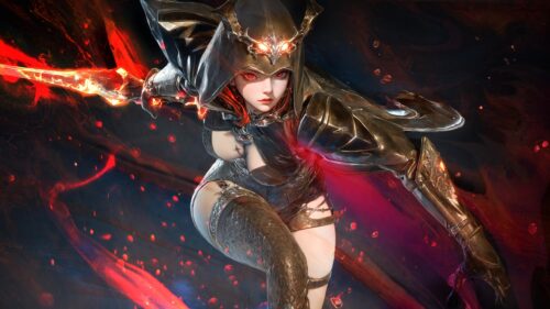 Warrior Assassin in Dark Armor with Glowing Red Blade PC Wallpaper