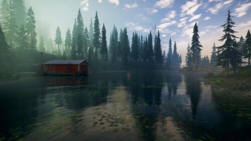 Serene Lake with Red Boathouse and Misty Pine Forest 4K Wallpaper