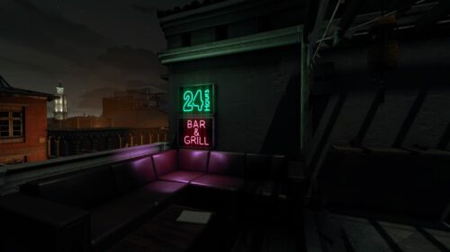 Neon Night City Rooftop Lounge 24 Hours Bar and Grill 4K Wallpaper