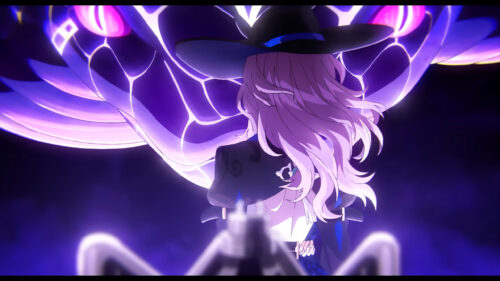 Mysterious Anime Witch with Glowing Cosmic Wings PC Wallpaper
