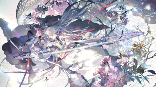 Ethereal Anime Girl with Hourglass and Cherry Blossoms 4K Wallpaper