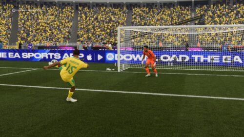 EA Sports FC Soccer Player Scoring a Goal Desktop Wallpaper