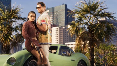 GTA VI Lucia and Jason Duo with Green Classic Sports Car 4K Wallpaper