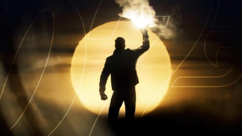James Bond Silhouette with Flare against Golden Sun 4K Desktop Wallpaper