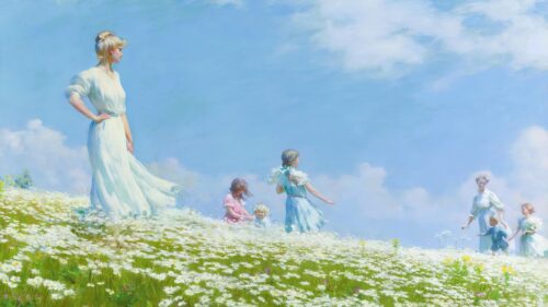 Dreamy Impressionist Landscape with Women and Children in a Daisy Field PC Wallpaper