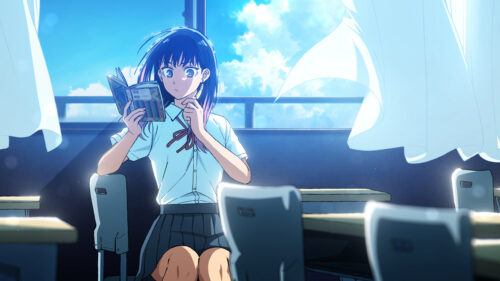 Anime Girl Reading Book in Sunny Classroom Desktop Wallpaper