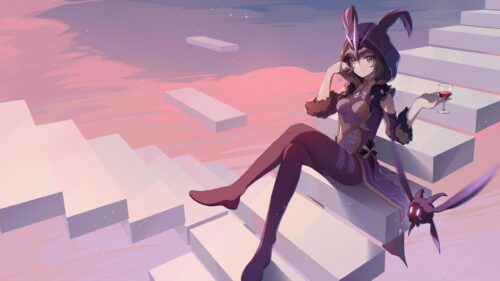 Anime Girl with Wine Sitting on Floating Stairs Aesthetic 4K Wallpaper
