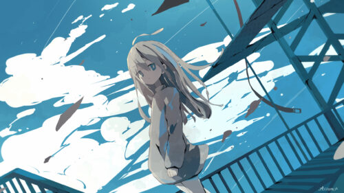 Anime Girl Under Blue Sky Aesthetic PC Wallpaper