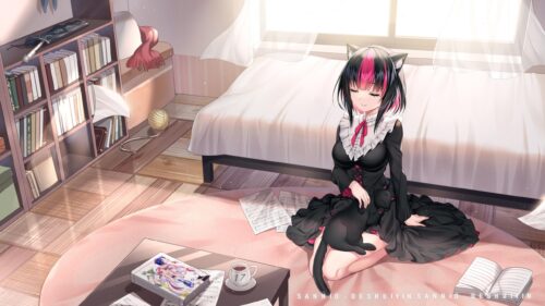 Anime Girl with Cat in Sunlit Cozy Room Desktop Wallpaper