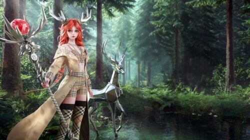 Fantasy Elf Girl with Metallic Deer in Enchanted Forest PC Wallpaper
