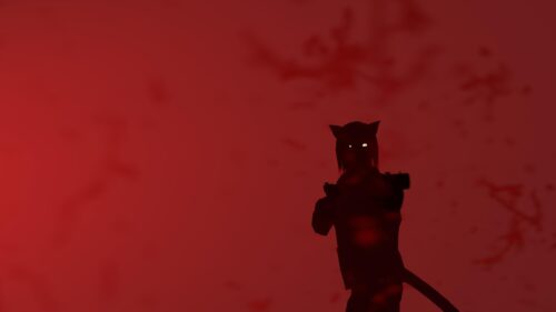Shadowy Cat Girl Silhouette with Glowing Eyes and Pistol PC Wallpaper