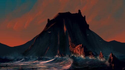 Dramatic Coastal Castle Silhouette at Sunset 4K Desktop Wallpaper