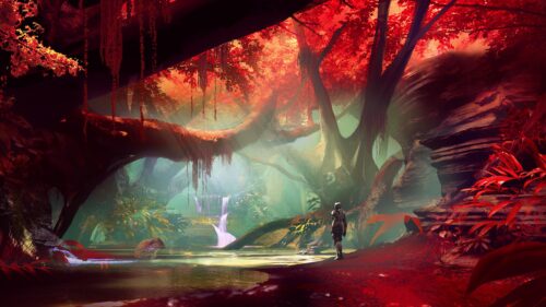Mystical Red Forest Landscape with Soldier PC Wallpaper