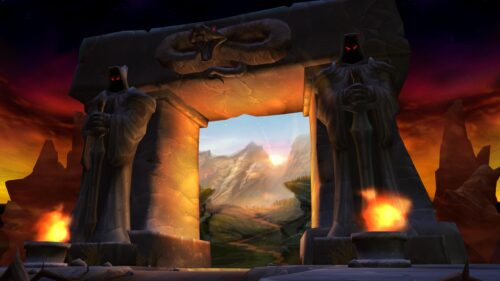 Epic Fantasy Gateway with Dark Statues and Mountain View 4K Wallpaper