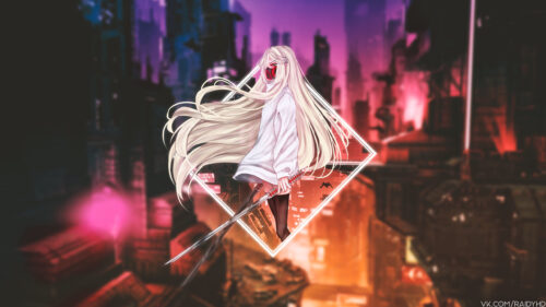 Anime Girl with Katana in Cyberpunk Cityscape 4K Desktop Wallpaper
