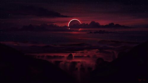 Ethereal Red Solar Eclipse Over Dark Landscape PC Wallpaper