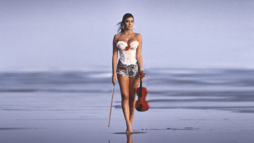 Beautiful Woman Holding Violin on Beach Sunset Desktop Wallpaper