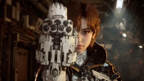 Futuristic Female Warrior with Robotic Gauntlet 4K Desktop Wallpaper