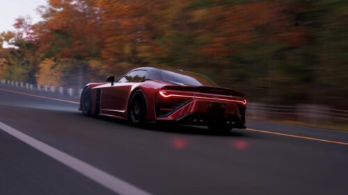 Red Sports Car Drifting on Autumn Forest Road 4K Desktop Wallpaper