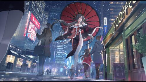 Anime Girl with Red Umbrella in Snowy Cyberpunk City PC Wallpaper