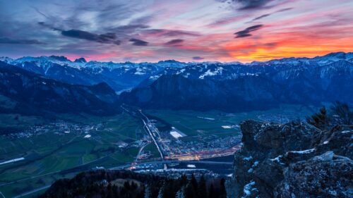 Breathtaking Sunset Over Swiss Alps Valley Landscape 4K Wallpaper