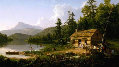 Rustic Log Cabin in Mountain Landscape by the Lake Desktop Wallpaper