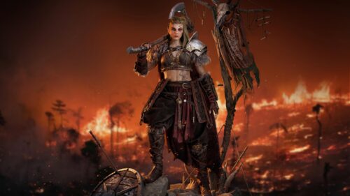 Fierce Female Viking Warrior Standing Amidst Battlefield Fire 4K Wallpaper