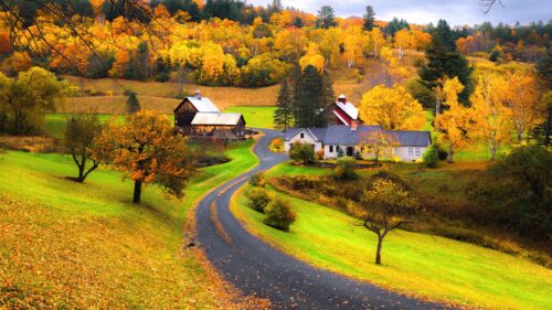 Stunning Autumn Countryside Farmhouse with Winding Road PC Wallpaper