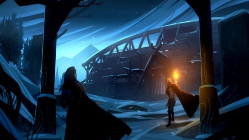 Viking Warrior and Woman in Snowy Night Medieval Village 4K Wallpaper